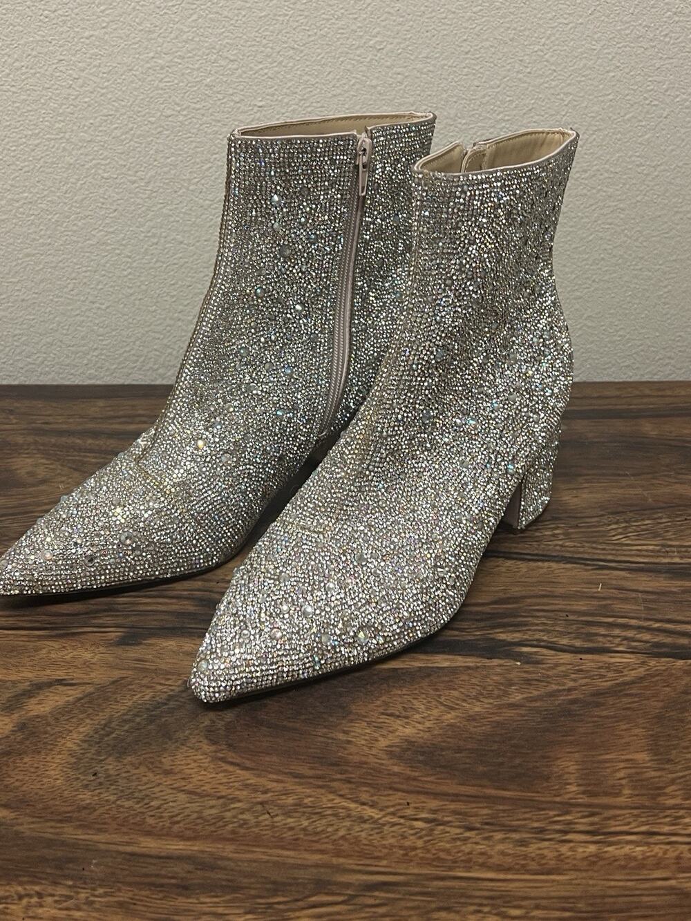 Betsey Johnson KYLA Rhinestone Crystal Ankle Booties Silver Size 10M Glam Rock